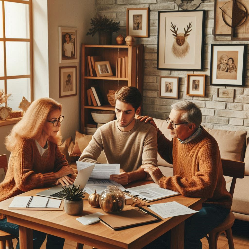 A warm, inviting scene of a family gathering in a cozy living room, with framed family photos on the walls and a few holiday decorations, suggesting the end-of-year or New Year period. At the center, a mature couple is reviewing documents at a table, with a younger family member (such as an adult child) sitting beside them, listening and helping. The table has neatly arranged papers and a laptop, with a calendar or notepad open, hinting at goal-setting or future planning. The scene conveys togetherness, preparation, and legacy planning in an approachable, relatable way.